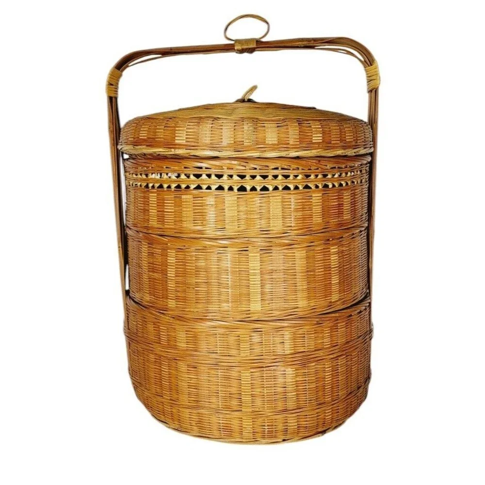 Vintage 1940s Boho Chinese Stacked Wicker Nesting Triple Storage Wedding Basket
